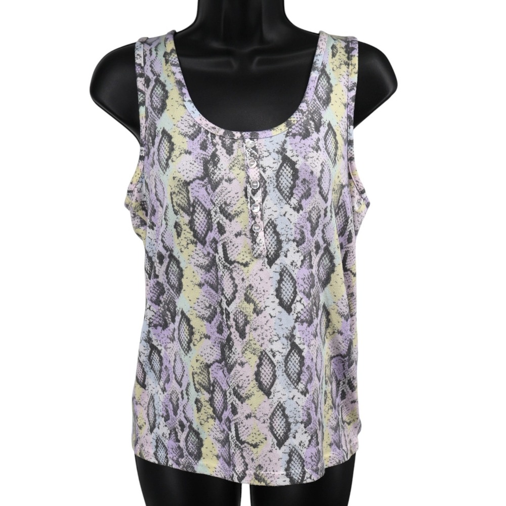 Kikit Blue White Snakeskin Print Short Sleeve Top Soft Stretch Button M EUC